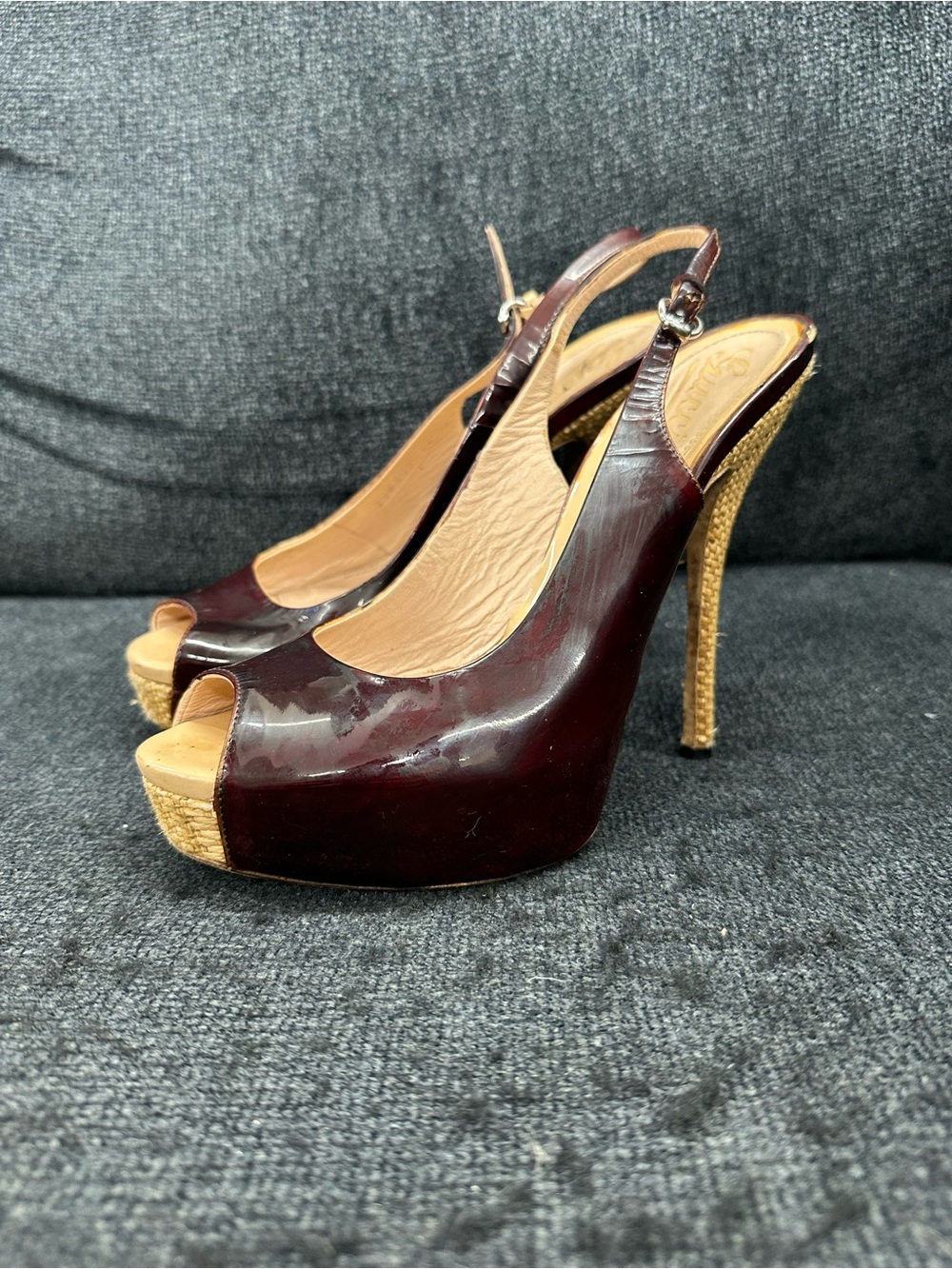 Gucci Women's Burgundy Peep-Toe Slingback Heels size 37 EU Made in Italy - Picture 15 of 16